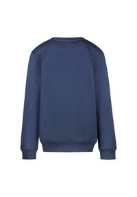 Donkerblauwe sweatshirt, katoenmix, ronde hals, ribgebreide manchet, effen kleur, gladde textuur, casual ontwerp, achterkant.