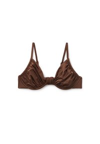 Brun triangelbikinitopp i mjukt, stretchigt tyg med rynkade detaljer och tunna justerbara remmar. Ingen vaddering eller bygel.
