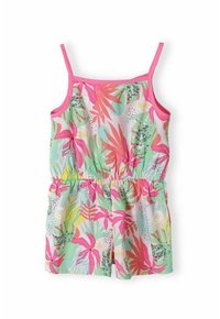 Rompers à imprimé tropical coloré avec un fond vert clair, présentant des accents roses, des bretelles réglables et une taille élastique pour le confort.