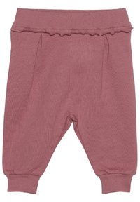 Miękkie, prążkowane spodnie w kolorze przykurzonego różu, z falbaniastego elastycznego pasa i zwężanymi mankietami. Dwa przednie fałdy dodają subtelnego detalu w projekcie.