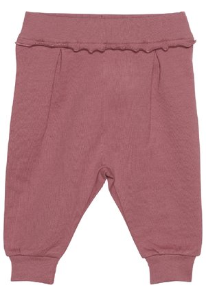 Weiche, gerippte Stoffhosen in Staubrosa mit einem rüschierten, elastischen Bund und schmal zulaufenden Bündchen. Zwei vordere Falten fügen ein dezentes Designdetail hinzu.