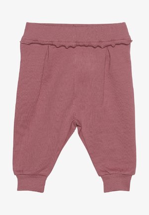 Miękkie, prążkowane spodnie w kolorze przykurzonego różu, z falbaniastego elastycznego pasa i zwężanymi mankietami. Dwa przednie fałdy dodają subtelnego detalu w projekcie.