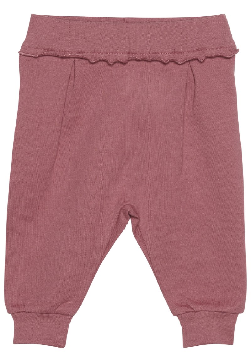 Miękkie, prążkowane spodnie w kolorze przykurzonego różu, z falbaniastego elastycznego pasa i zwężanymi mankietami. Dwa przednie fałdy dodają subtelnego detalu w projekcie.