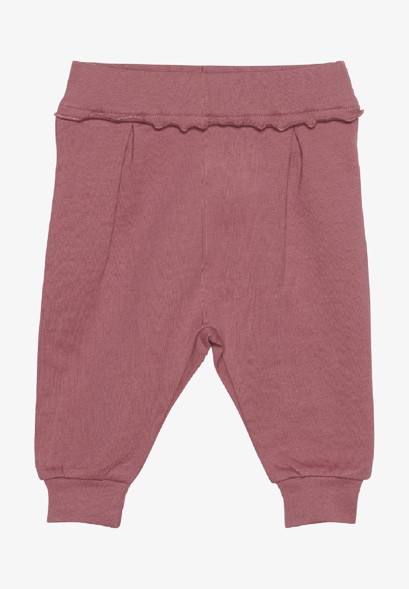 Miękkie, prążkowane spodnie w kolorze przykurzonego różu, z falbaniastego elastycznego pasa i zwężanymi mankietami. Dwa przednie fałdy dodają subtelnego detalu w projekcie.