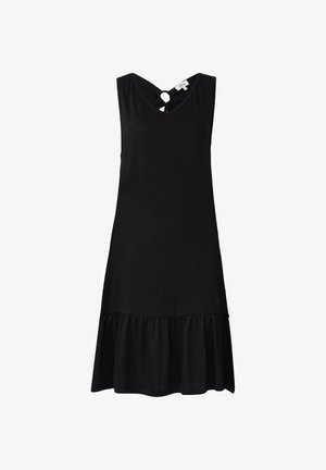 Must mustriga kleit V-kaelusega ja ümmarguse lõikega detailiga. Omab narmendavat äärt ja pehmet tekstuuriga kangast.