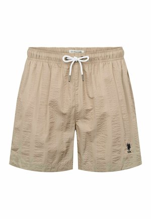 Beige Schwimmshorts mit strukturiertem Muster, elastischem Bund und weißem Kordelzug. Mit kleinem schwarzem Logo auf der linken unteren Seite.