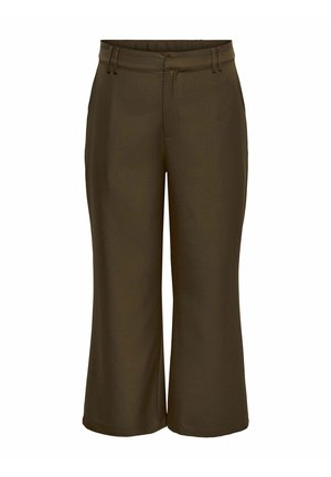 Brown wide-leg cropped pants with belt loops and a front button and zipper closure.