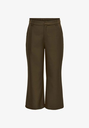 Pantaloni maro, cu picior larg, tăiați scurt, cu bucle pentru centură și închidere frontală cu nasture și fermoar.