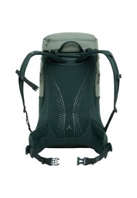 Sac à dos avec un design en maille verte et grise, des bretelles rembourrées et des boucles réglables. Comprend un compartiment supérieur zippé pour le rangement.