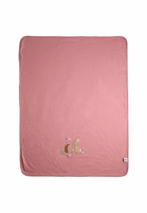 Pink baby blanket with embroidered hedgehog and bunny surrounded by small flowers and green leaves near the bottom center.