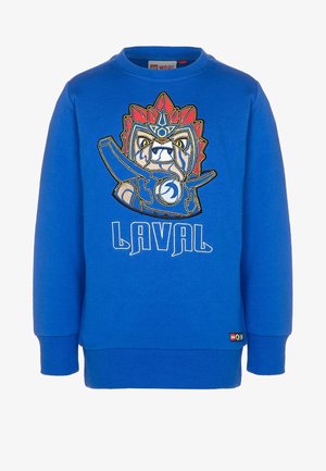 Niebieska bluza z wizerunkiem groźnego lwiego lwa w czerwono-niebieskiej zbroi, trzymającego tarczę, z napisem "LAVAL" poniżej projektu.