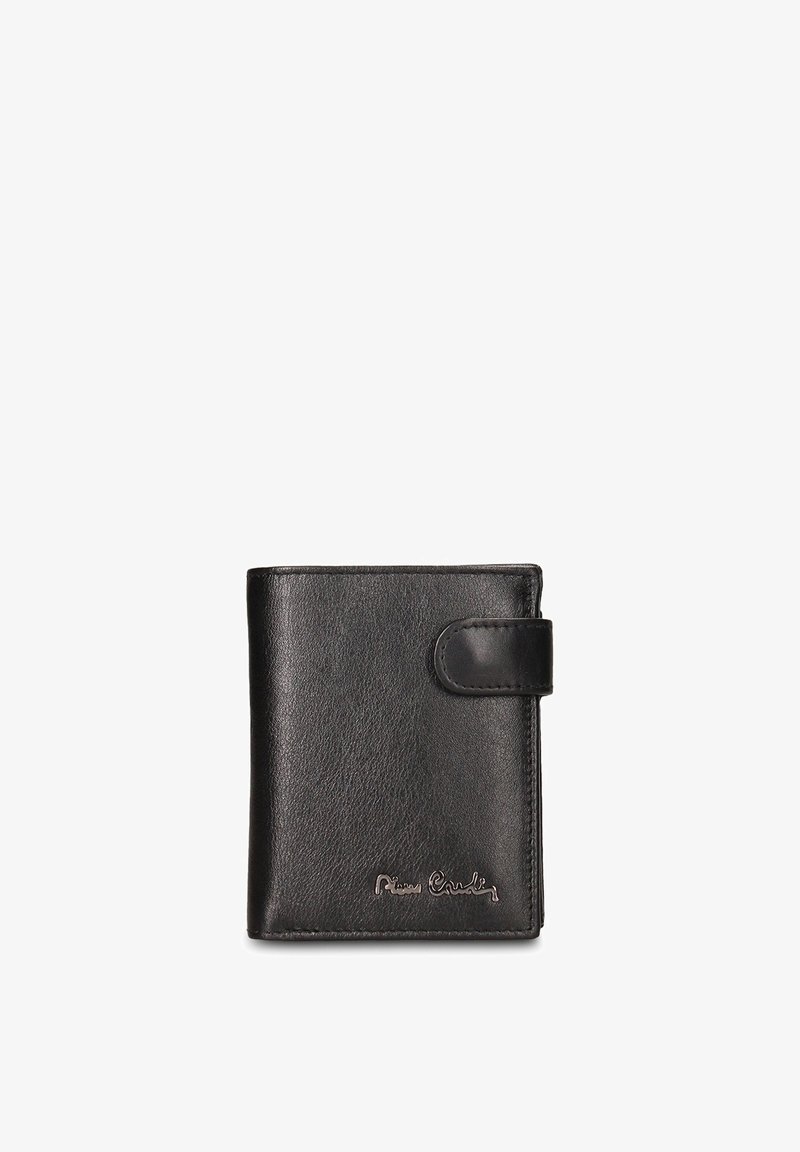 Portafoglio in pelle nera con forma rettangolare, chiusura a patta e dettagli cuciti. Presenta una firma del marchio in rilievo sul fondo.