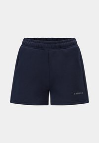 Mørkeblå bomullsshorts med elastisk liv og sidelommer. Har logo-print på nederste høyre bein. Glatt tekstur.