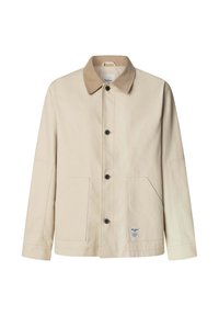 Chaqueta beige de botones con cuello marrón, dos bolsillos frontales, mangas largas y una pequeña etiqueta blanca cerca del dobladillo inferior.