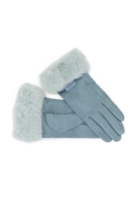 Guanti in suede azzurro chiaro con un morbido polsino in pelliccia sintetica. Presentano dettagli cuciti e un'etichetta sul polsino. Texture liscia su tutta la superficie.