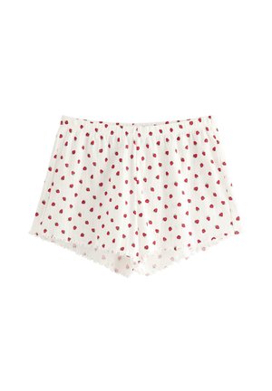 Hvide plisserede shorts med rød jordbærprint og bølget kant, elastisk talje, letvægtsstof.