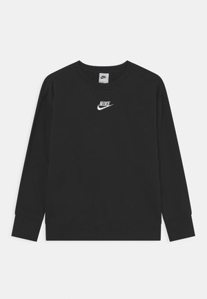 Sort Nike sweatshirt med lange ærmer, hvidt Nike-logo og swoosh placeret midt på brystet, rund halsudskæring samt ribstrikkede manchetter og kant.
