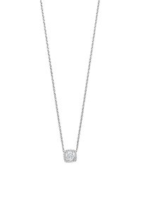 Silberne Halskette mit einer zarten Kette und einem quadratischen Anhänger, der einen zentralen klaren Stein hat, umgeben von kleineren Diamanten.