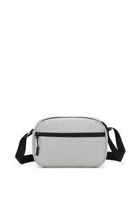 Borsa a tracolla rettangolare grigia in tessuto, con cerniera nera, tracolla regolabile e texture liscia con dettagli di cucitura sottili.