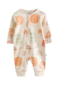 Otroški pajac z dolgimi rokavi v krem barvi, z zadrgo spredaj. Posut z motivi pisanih buč, listov in gob v nežnih pastelnih odtenkih.