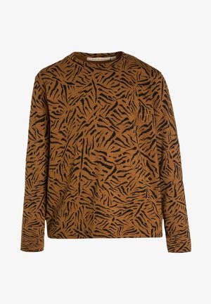 Chemise marron à manches longues avec un motif de rayures tigre noires. Elle présente un col rond et un tissu texturé et doux.