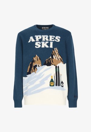 Maglione lavorato a maglia con corpo blu e parte inferiore color crema, con testo "APRES SKI", motivo di montagna, bottiglia e sci in marrone e verde.