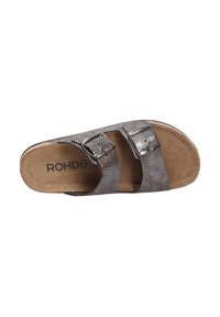Rohde slide sandal with a textured gray synthetic upper, two adjustable buckles, and a brown suede footbed. Non-slip sole features visible stitching.