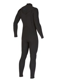 Black wetsuit made of flexible neoprene, featuring long sleeves and full-length legs, with a smooth texture and streamlined design.