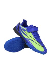 Zapatillas deportivas azules y verde neón con parte superior de malla, correa de velcro, suela texturizada y líneas de acento. Patrón de banda para tracción.