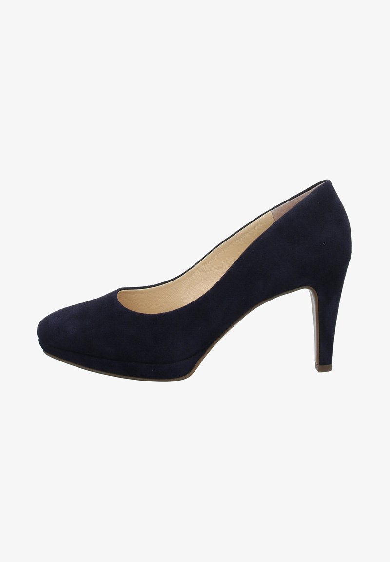Escarpin femme en daim bleu marine à talon haut, bout arrondi et intérieur beige, vue de profil sur fond blanc.