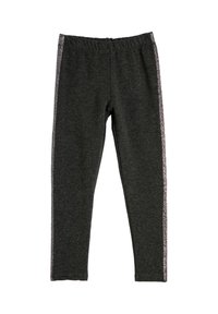 Leggings gris oscuro con cintura elástica y franjas plateadas brillantes que recorren ambas piernas sobre un fondo blanco.