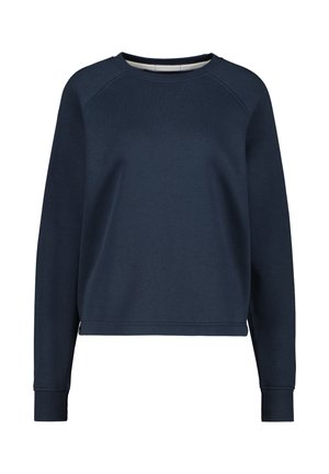 Felpa blu navy con colletto a coste, maniche raglan e orlo leggermente accorciato. Texture liscia e design minimalista.