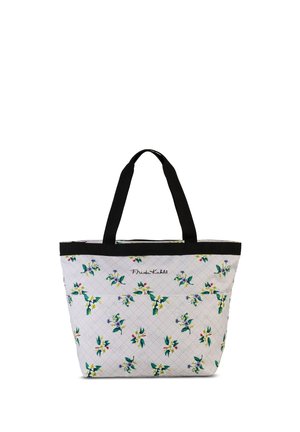 Sac fourre-tout blanc avec des poignées noires, motif floral en vert, jaune et rouge, et texte "Frida Kahlo" brodé près du centre supérieur.