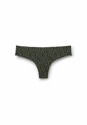 Tanga con estampado de leopardo verde, con textura suave y cinturilla ancha. El diseño presenta manchas negras sobre un fondo oliva.