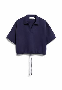 Dark navy short-sleeve cropped knit top with collar, V-neck opening, and adjustable drawstring hem.
