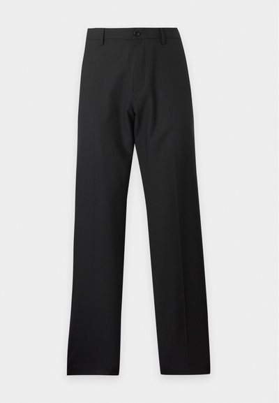 Pantalon droit noir pour femme avec passants de ceinture et fermeture par un seul bouton à la taille sur un fond clair uni.