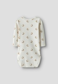 Langermet bodysuit i kremfarget stoff med brunt halvmånemønster, med rund hals og sikker trykknaplukking nederst.