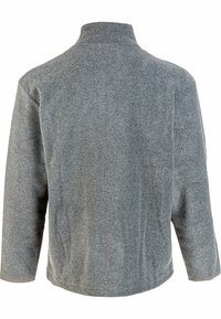 Giacca in fleece grigia con colletto alto e maniche lunghe. Il tessuto ha una superficie testurizzata e una vestibilità comoda. Nessun hardware o accenti visibili.