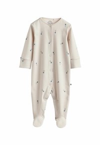 Cremefarvet babydragt med blå stjerneskudtryk, lange ærmer, trykknapper foran og dækede fødder.
