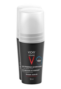 Zwei schwarze Roll-On-Antitranspirants mit weißen Kappen, beschriftet "Vichy Homme", 50 ml, mit Hinweisen auf 48 Stunden Schutz und Empfindlichkeit.