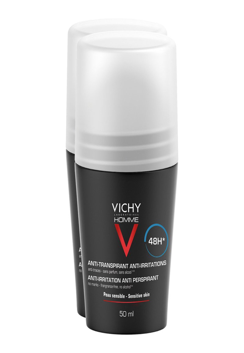 Zwei schwarze Roll-On-Antitranspirants mit weißen Kappen, beschriftet "Vichy Homme", 50 ml, mit Hinweisen auf 48 Stunden Schutz und Empfindlichkeit.