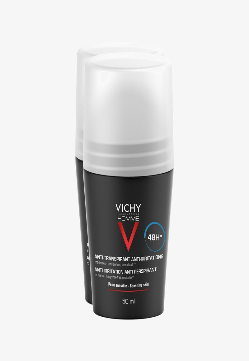 Zwei schwarze Roll-On-Antitranspirants mit weißen Kappen, beschriftet "Vichy Homme", 50 ml, mit Hinweisen auf 48 Stunden Schutz und Empfindlichkeit.