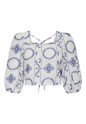 White cropped blouse with blue floral embroidery, puff sleeves, square neckline, and adjustable tie-back, featuring a textured fabric.