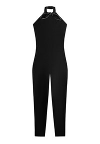 Černý overal bez rukávů s halter výstřihem a uvázanou mašlí u límce, s přiléhavými nohavicemi a elegantním střihem.