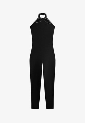 Black sleeveless jumpsuit with halter neck and a tied bow detail at the collar, featuring fitted legs and a sleek silhouette.
