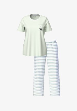 Světle zelené bavlněné tričko s kapsou a grafikou Eiffelovy věže, spojené s pyžamovými kalhotami s pruhy v bílé a světle zelené barvě.