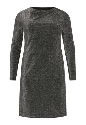 Dolga rokav, črna obleka do kolen iz srebrne bleščeče tkanine z rahlo drapirano ovratnikom.