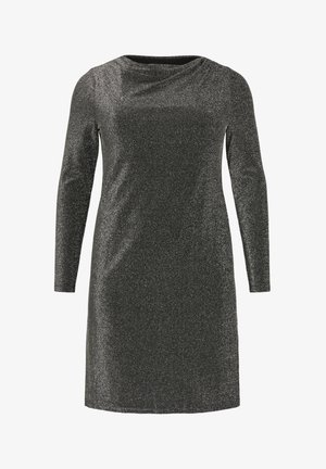 Hosszú ujjú, térd hosszúságú fekete ruha ezüst csillám anyagból, finoman redőzött dekoltázzsal.