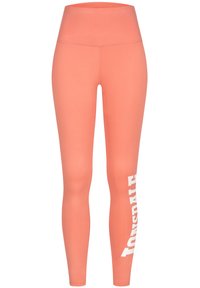 Persikofärgade leggings med hög midja, tillverkade av elastiskt material. Har vit text längs vänster ben. Slät struktur överallt.