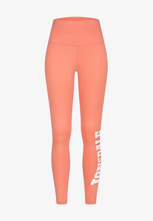 Ružičaste legice z visoko pasom, izdelane iz elastičnega materiala. Sestavljajo jih beli napisi po celotni dolžini leve noge. Gladka tekstura po celotni površini.